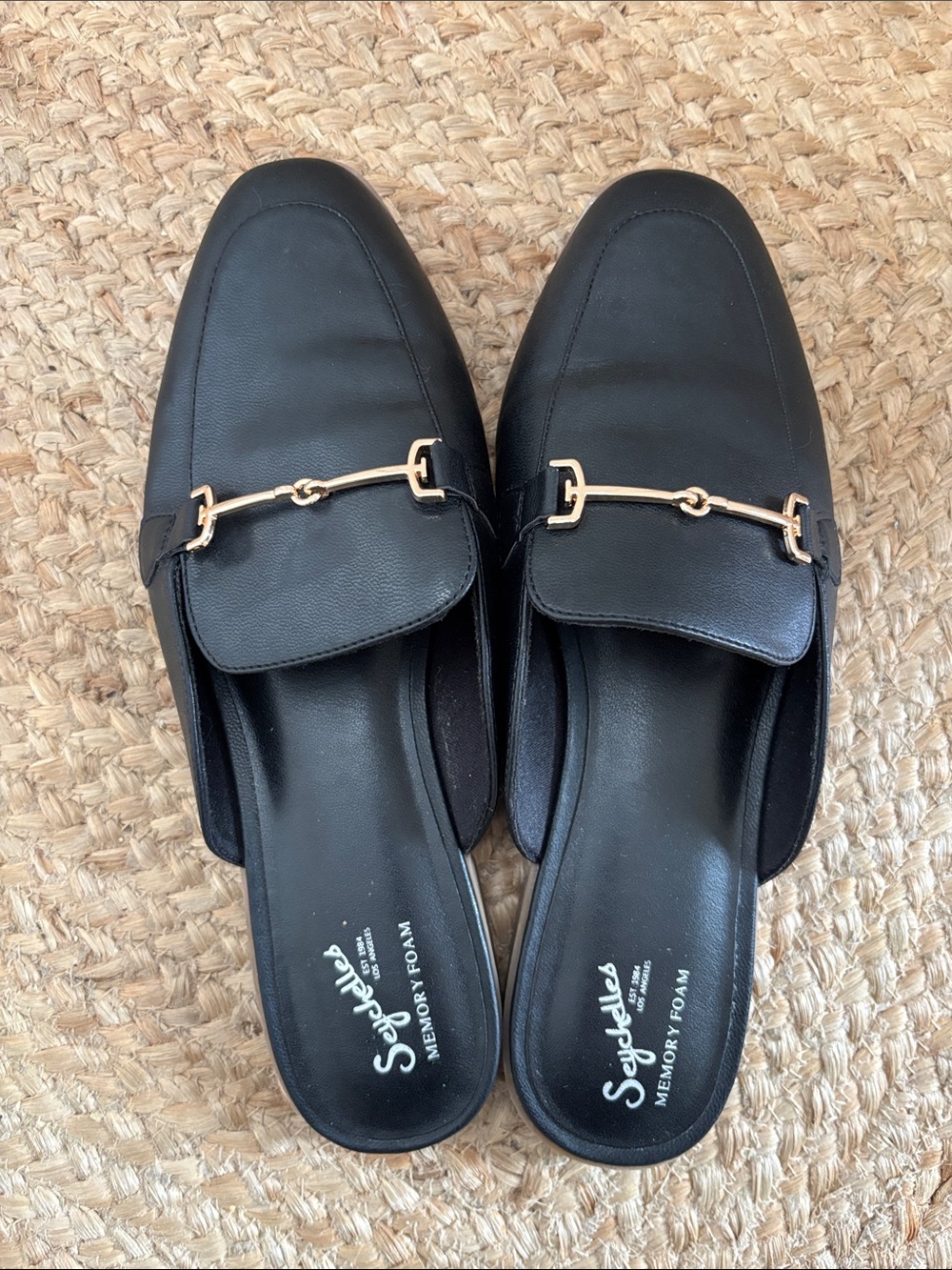 Seychelles Black Slip-On Loafers with Gold Hardware Size 9 Memory Foam